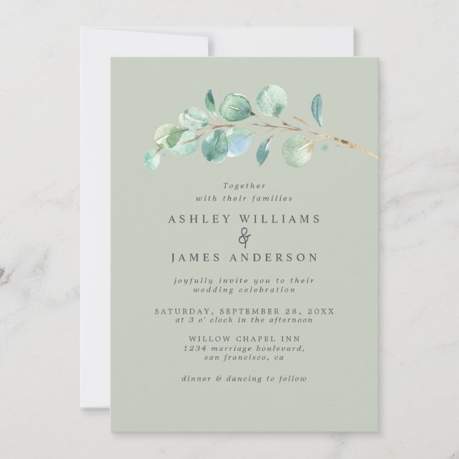 Simple Eucalyptus Foliage Pastel Green Wedding Invitation (Front)