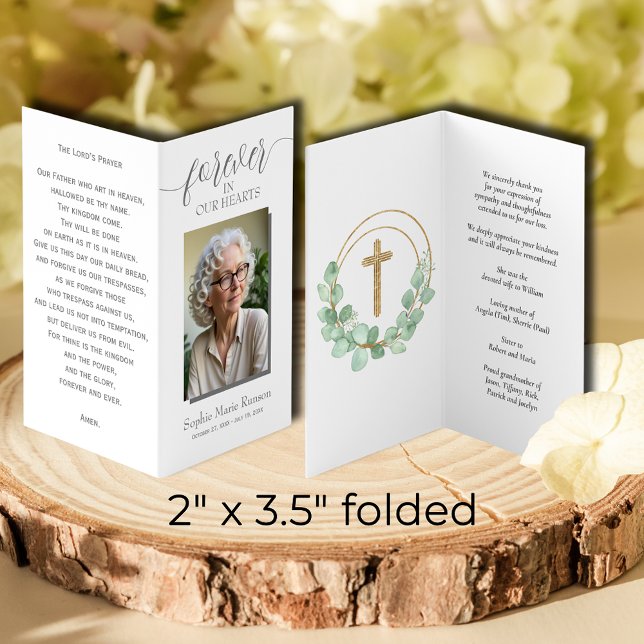 Simple Eucalyptus Funeral Memorial Prayer Card (SMALL Celebrating the Life of memorial photo folded cards, 2" x 3.5" finished size)