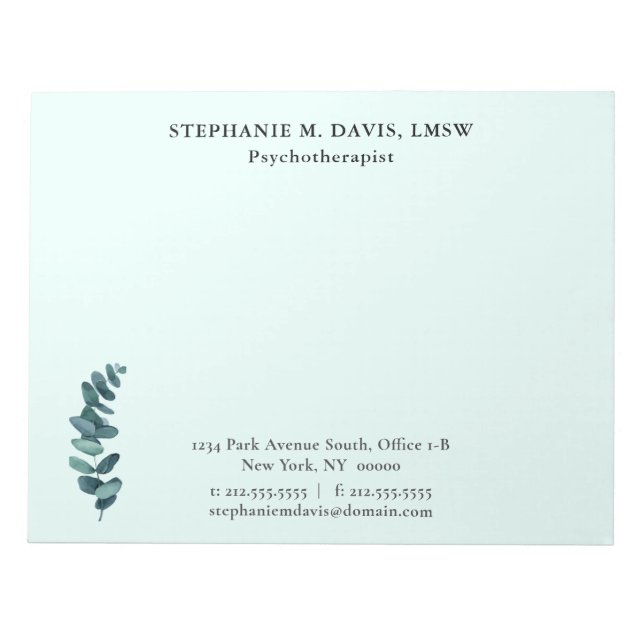 Simple Eucalyptus Green Business Therapist Notepad (Front)