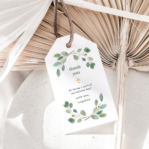 Simple Eucalyptus Greenery and Gold Cross Baptism Gift Tags