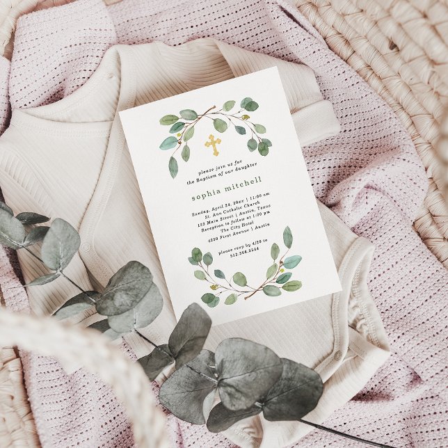 Simple Eucalyptus Greenery and Gold Cross Baptism Invitation (Creator Uploaded)