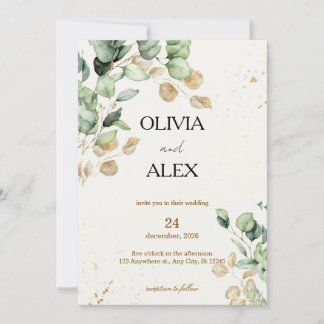 Simple Eucalyptus Greenery Gold Two-in-One Wedding Invitation