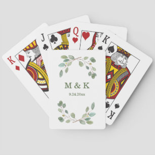 Simple Eucalyptus Greenery Monogram and Date Playing Cards