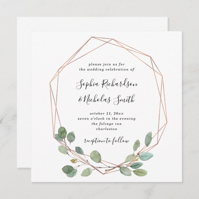 Simple Eucalyptus Greenery | Rose Gold Geo Wedding Invitation (Front/Back)
