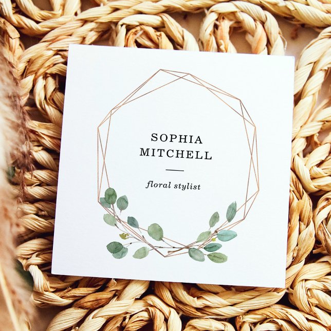 Simple Eucalyptus Greenery | Rose Gold Geometric Square Business Card (Creator Uploaded)