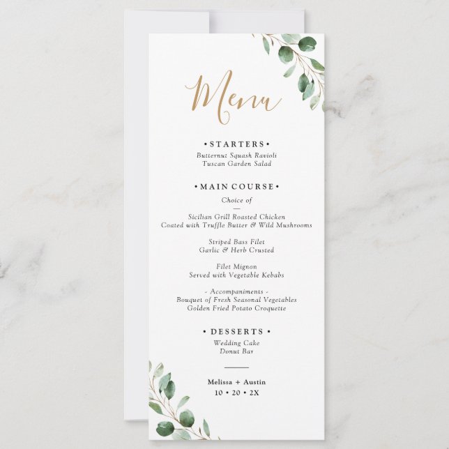 Simple Eucalyptus Greenery Wedding Long Menu Card (Front)
