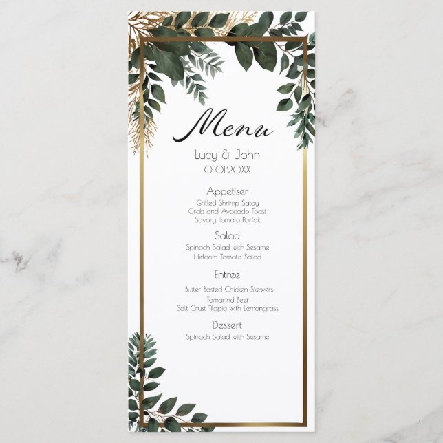Simple Eucalyptus Greenery Wedding Party Menu (Front)