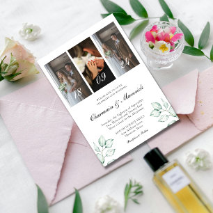 Simple Eucalyptus Leaf & 3 Photo QR Code Wedding Invitation