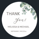 Simple Eucalyptus Leave Wedding Thank You Classic Round Sticker<br><div class="desc">Simple eucalyptus leave wedding thank you sticker with bride and groom names and the wedding date.</div>