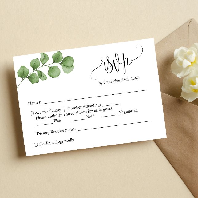 Simple Eucalyptus Leaves Custom Wedding RSVP Card (Creator Uploaded)
