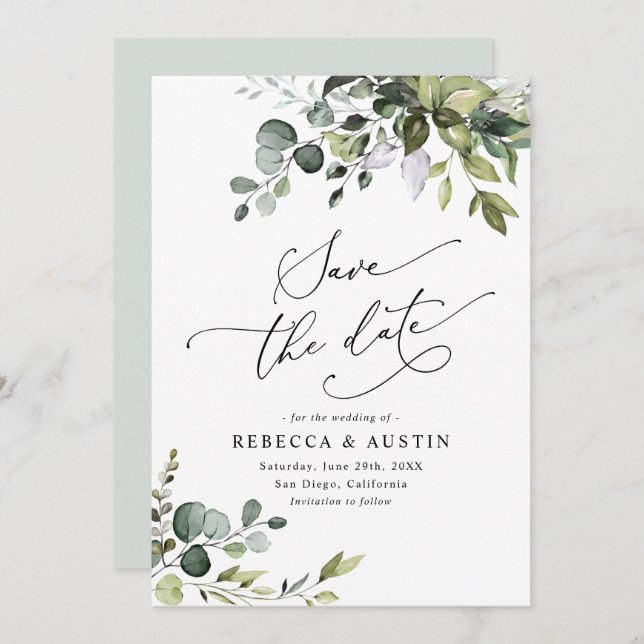 Simple Eucalyptus Leaves Greenery Save the Date Invitation (Front/Back)
