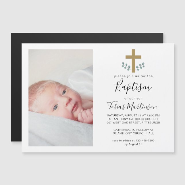 Simple Eucalyptus Leaves with Cross Baptism Photo Magnetic Invitation (Front/Back)