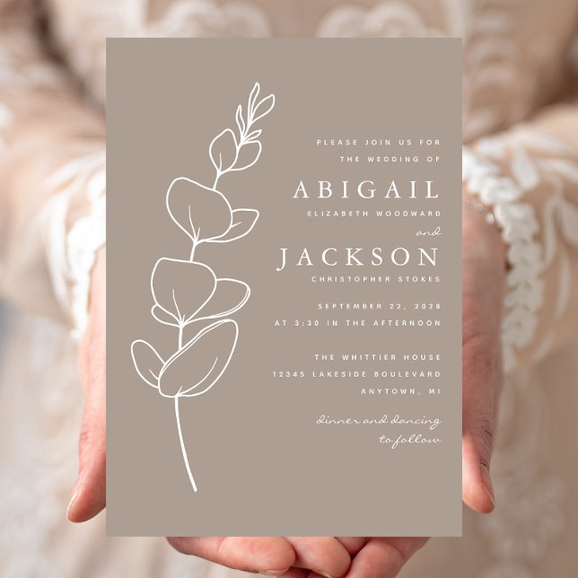 Simple Eucalyptus Line Drawing Taupe Wedding Invitation (Creator Uploaded)