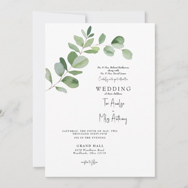 Simple Eucalyptus Modern Both Parents Wedding Invitation (Front)