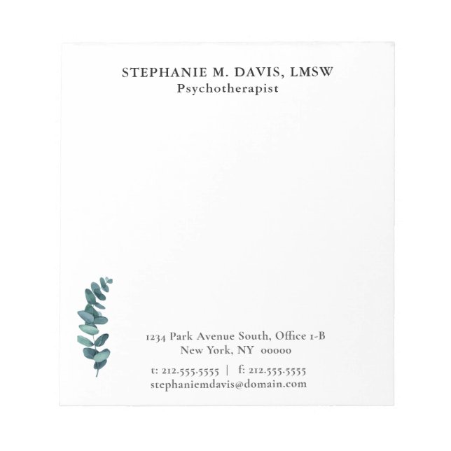 Simple Eucalyptus Personalised Therapist Notepad (Front)