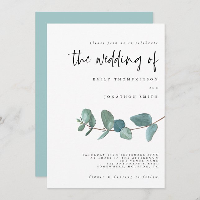 Simple Eucalyptus Teal Wedding Invitation (Front/Back)