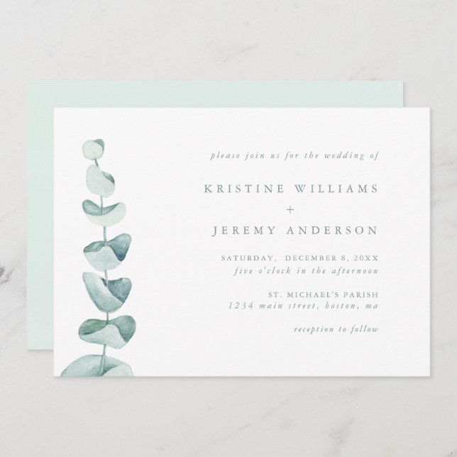 Simple Eucalyptus Watercolor Greenery Wedding Invitation (Front/Back)