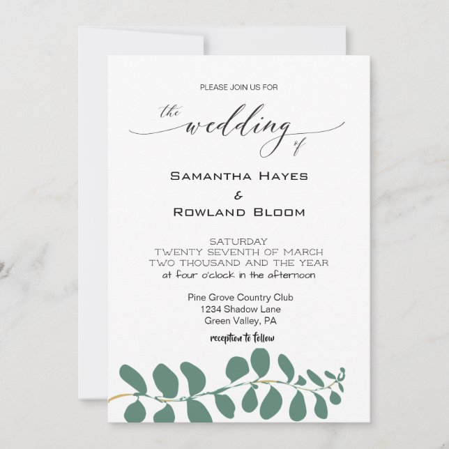 Simple Eucalyptus Wedding Invitation  (Front)