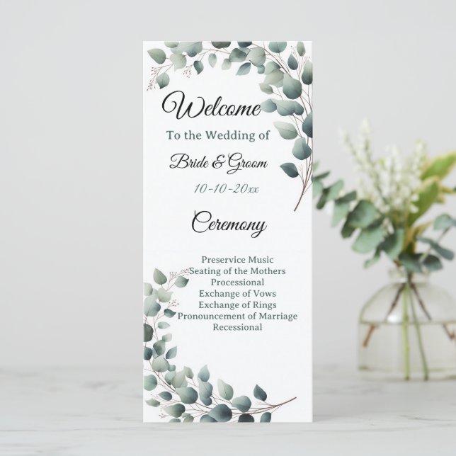 Simple Eucalyptus Wedding Programme (Standing Front)
