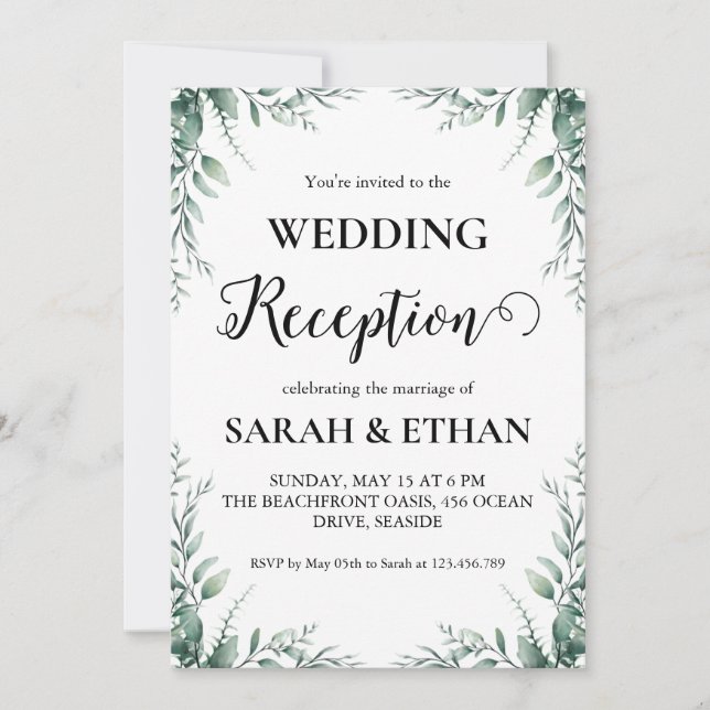 simple eucalyptus wedding reception invitations (Front)
