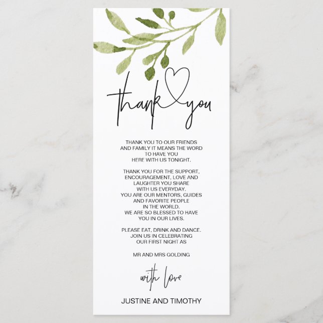 Simple Eucalyptus Wedding Thank You Table Setting Menu (Front)