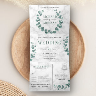 Simple Eucalyptus Wreath All in One Marble Wedding Tri-Fold Invitation