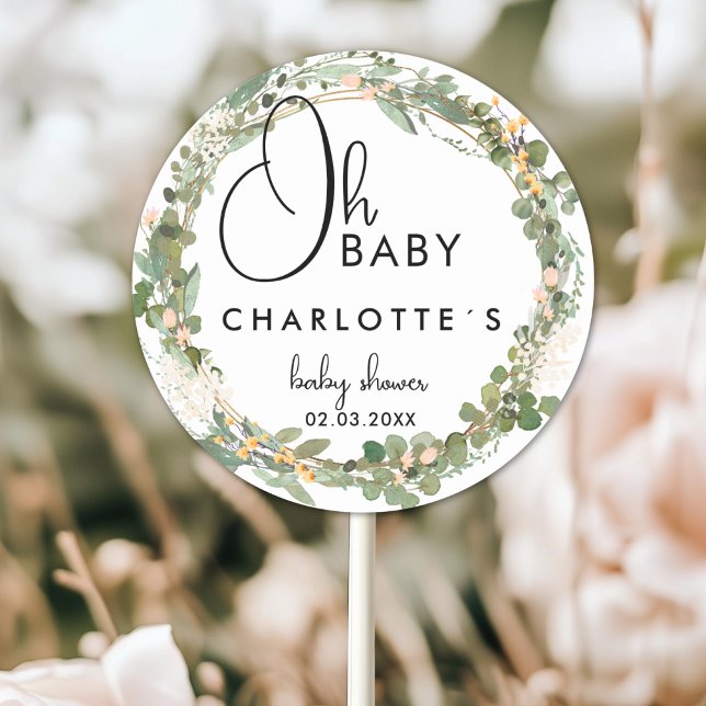 Simple Eucalyptus Wreath Baby Shower Classic Round Sticker (Simple Eucalyptus Wreath Baby Shower Classic Round Custom Sticker with your Name and Date.)