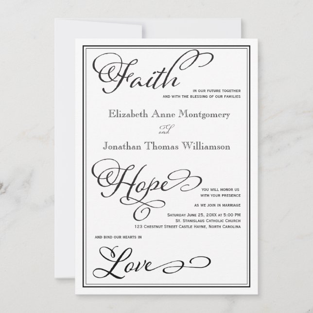 Simple Faith Hope Love Script Wedding Invitation (Front)