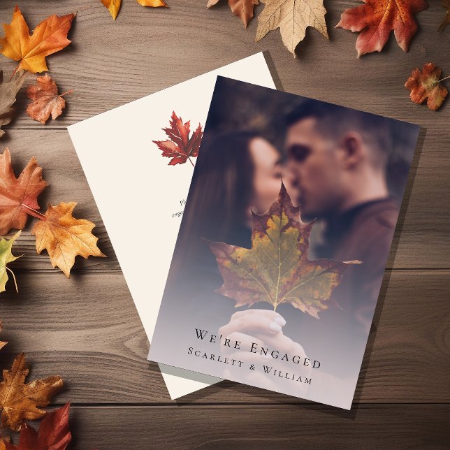 Simple Fall Leaf Cream Elegant Photo We're Engaged Invitation (Creator Uploaded)