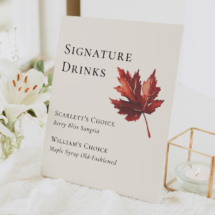 Simple Fall Leaf Cream Wedding Signature Drinks Pedestal Sign