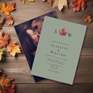Simple Fall Leaf Sage Green Monogram Photo Wedding Invitation