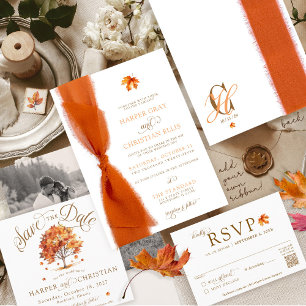 Simple Fall Leaves Modern Autumn Ribbon Wedding Invitation