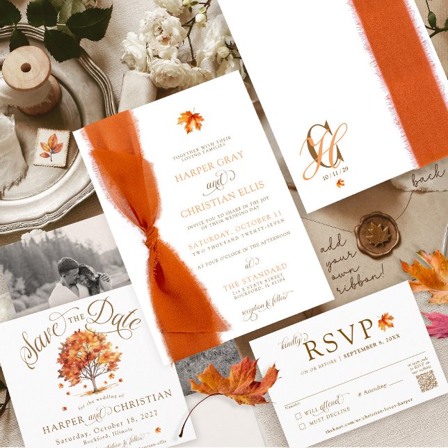 Simple Fall Leaves Modern Autumn Ribbon Wedding Invitation (Simple elegant watercolor fall leaf tree script monogram Autumn wedding invitation, just add ribbon!)