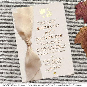 Simple Fall Leaves Modern Ribbon Wedding Gold