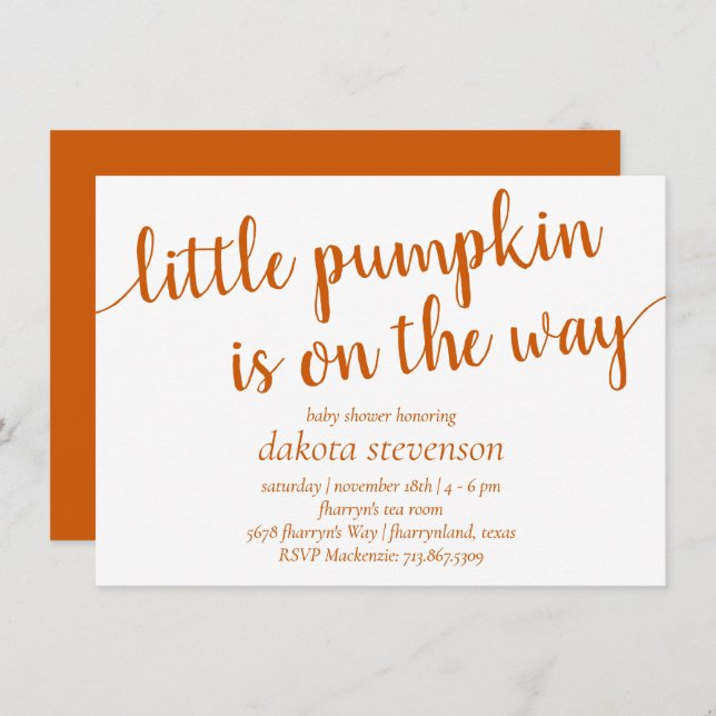 Simple Fall Shower | Burnt Orange Little Pumpkin Invitation (Front/Back)