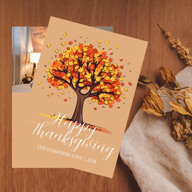 Simple Fall Trees Happy Thanksgiving Family Photo Holiday Card (Creator Uploaded)