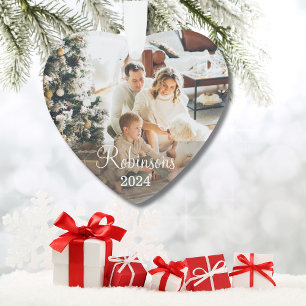 Simple Family 2 Photo Custom Name Script & Year Ornament