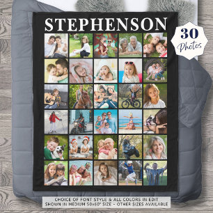 Simple Family 30 Photo Collage Name Black Fleece Blanket