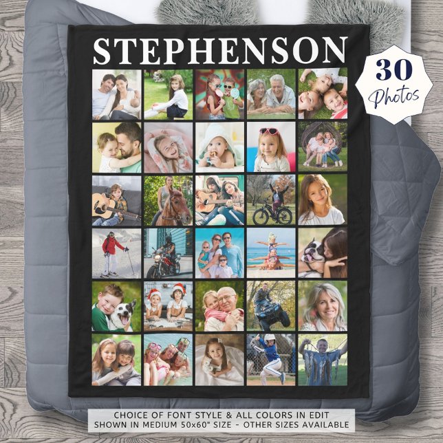 Simple Family 30 Photo Collage Name Black Fleece Blanket (Creator Uploaded)