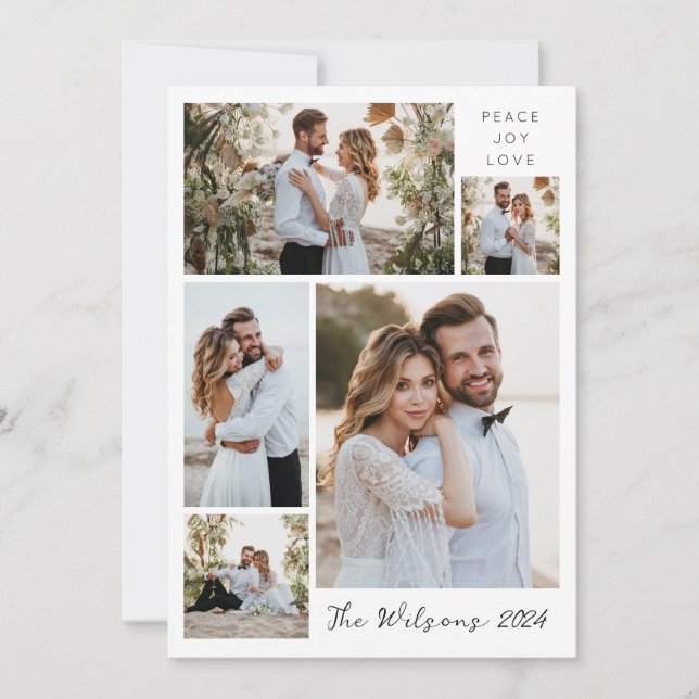 Simple Family 5 Photo Collage Newly Weds Greeting Holiday Card (Front)