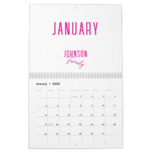 Simple Family Name Hot Pink Calendar