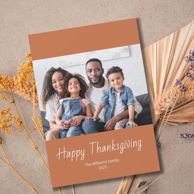 Simple Family Photo Burnt Orange Thanksgiving Holiday Card (Creator Uploaded)