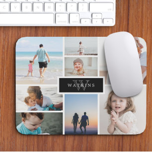 Simple Family Photo Collage & Black Monogram Mouse Pad
