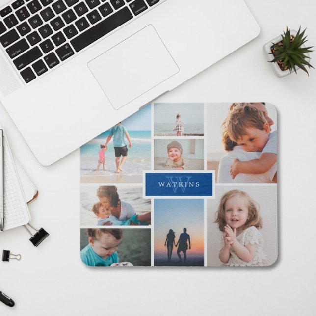 Simple Family Photo Collage & Blue Monogram Mouse Pad (Creator Uploaded)