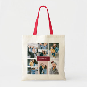 Simple Family Photo Collage Burgundy Monogram Tote Bag