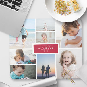 Simple Family Photo Collage & Red Monogram Mouse Pad