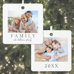 Simple Family Photo Double Sided Christmas Metal Tree Decoration<br><div class="desc">This simple and elegant boho-inspired square Christmas ornament is a beautiful way to celebrate family during the holidays. The design features space for one photo on the front and one photo on the back, making it a double-sided keepsake to showcase your favourite memories. "Family" is displayed underneath the front photo...</div>
