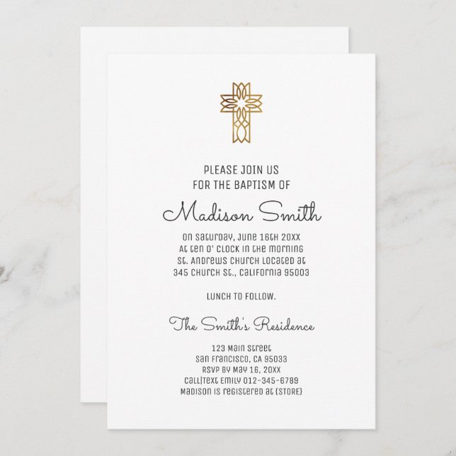 Simple Faux Gold Cross Baptism Invitation (Front/Back)