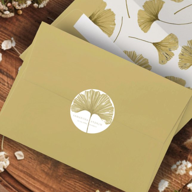 Simple Faux Gold Ginkgo Monogram Wedding Classic Round Sticker (Creator Uploaded)