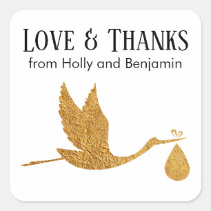 Simple Faux Gold Stork Love & Thanks Baby Shower Square Sticker
